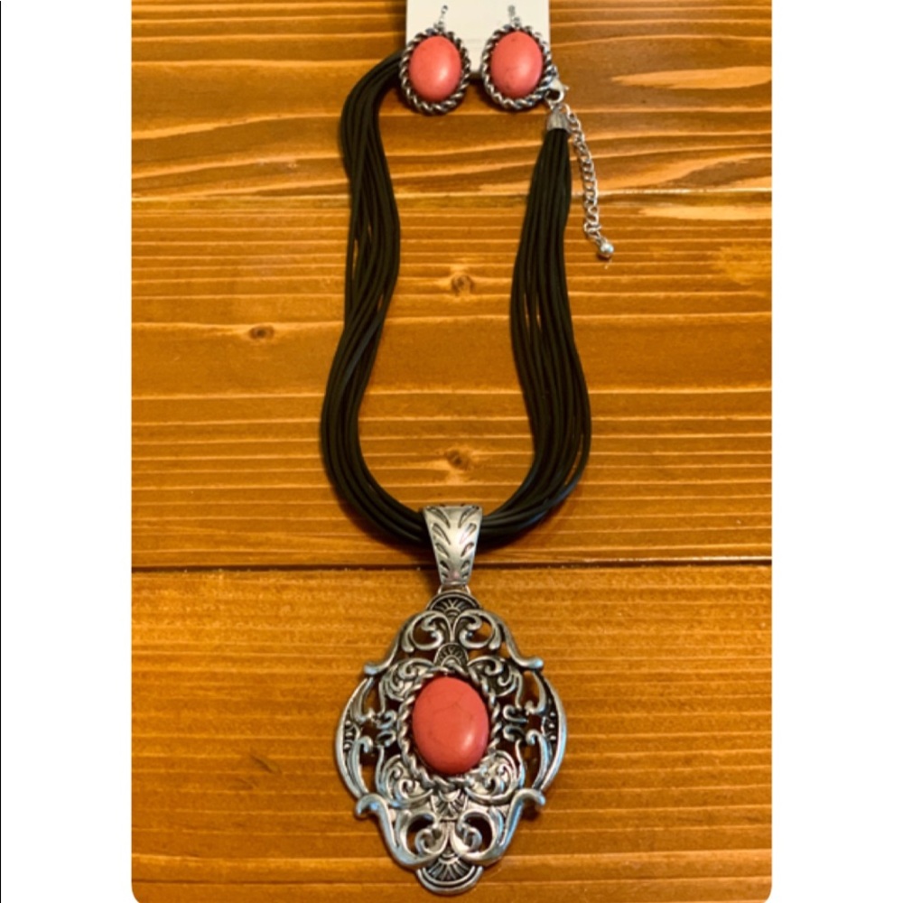 Silvertone Coral Oval Flourish Multi-Cord Set